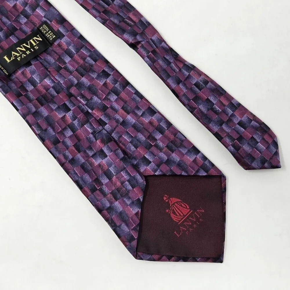 LANVIN PARIS SILK TIE PURPLE PINK CHECKERBOARD ABSTRACT LUXURY 3.75